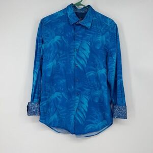 Robert Graham Mens Classic Fit Tropical Leaf Print Button Down Shirt Blue Size M